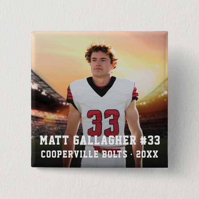 Bóton Quadrado 5.08cm Jogador de Equipe Esportiva | Botão Foto Quadrado (Frente)