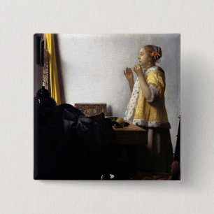 Bóton Quadrado 5.08cm Johannes Vermeer - Jovem Mulher com Colar Pérola