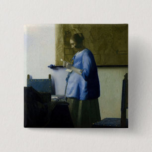 Bóton Quadrado 5.08cm Johannes Vermeer - Mulher a azul lendo uma letra
