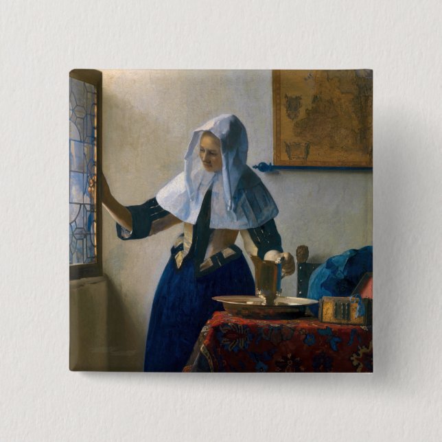 Bóton Quadrado 5.08cm Johannes Vermeer - Mulher com Pitcher de Água (Frente)