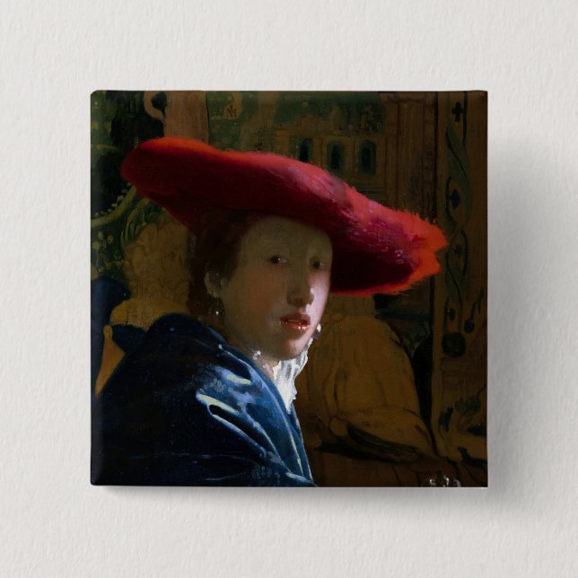 Bóton Quadrado 5.08cm Johannes Vermeer - Rapariga com Chapéu Vermelho (Frente)