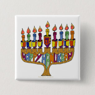 Bóton Quadrado 5.08cm Judaica Happy Hanukkah Dreidel Menorah