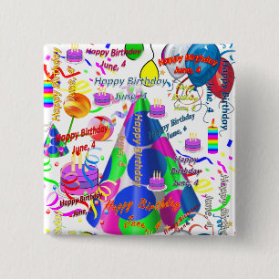 Bóton Quadrado 5.08cm June, 4 Birthday Square Button