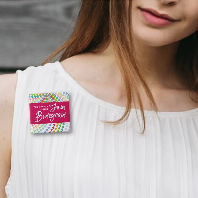 Bóton Quadrado 5.08cm JUNIOR BRIDESMAID Rainbow Hearts Sprinkles Casamen (JUNIOR BRIDESMAID Rainbow Hearts Sprinkles Bridal Party / Wedding Pinback Button @ fat_fa_tin)