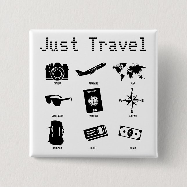 Bóton Quadrado 5.08cm Just travel - travel icons (Frente)