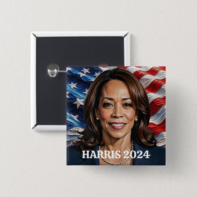 Bóton Quadrado 5.08cm Kamala Harris e American Flag (Frente & Verso)