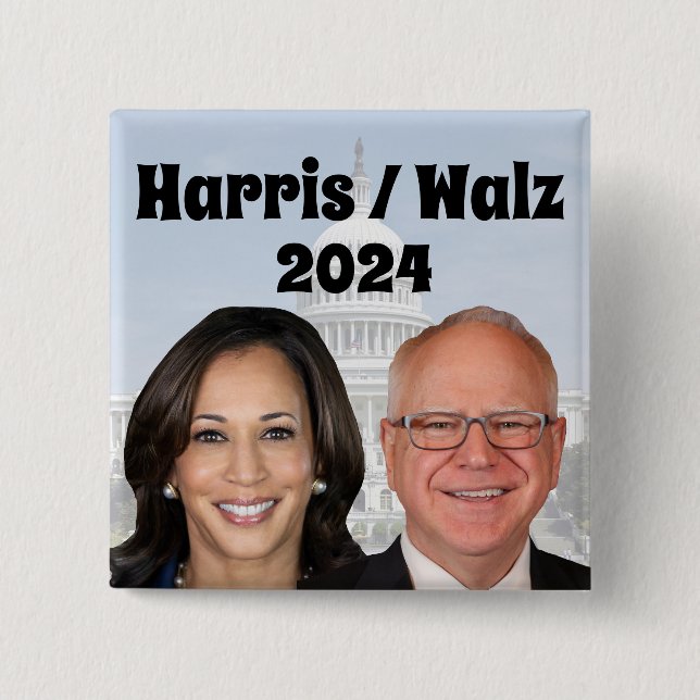 Bóton Quadrado 5.08cm Kamala Harris e Tim Walz 2024 (Frente)