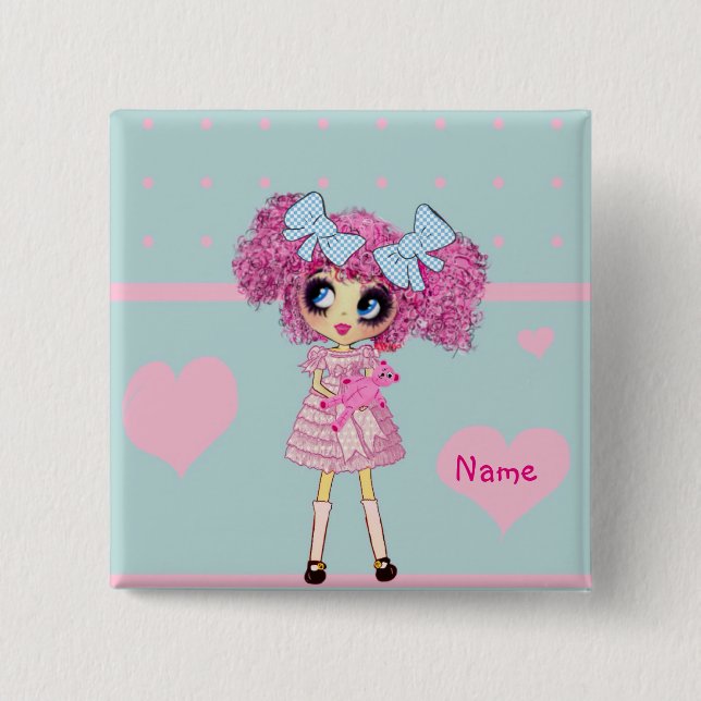 Bóton Quadrado 5.08cm Kawaii Girl PinkyP pastel azul (Frente)