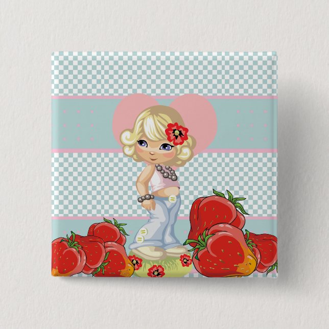 Bóton Quadrado 5.08cm Kawaii girl with strawberries very cute (Frente)