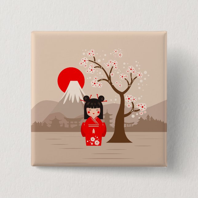 Bóton Quadrado 5.08cm Kokeshi - Boneca Japonesa (Frente)