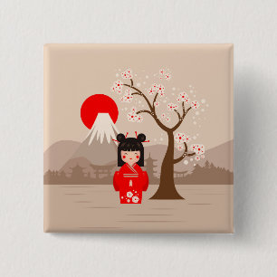Bóton Quadrado 5.08cm Kokeshi - Boneca Japonesa