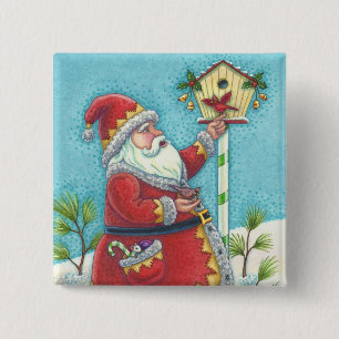 BÓTON QUADRADO 5.08CM KRIS KRINGLE REDBIRDS, CHRISTMAS BIRDHOUSE BOTÃO