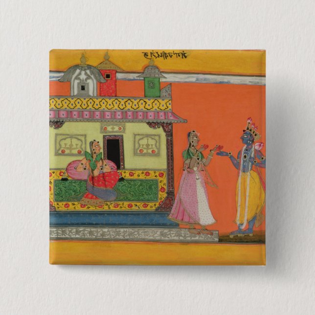 Bóton Quadrado 5.08cm Krishna que chega na casa de Radha, ilustração (Frente)