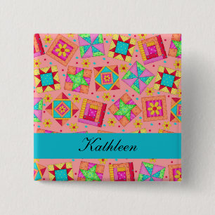 Bóton Quadrado 5.08cm Laranja Turquoise Patchwork Quiller Blocks Nome Cr