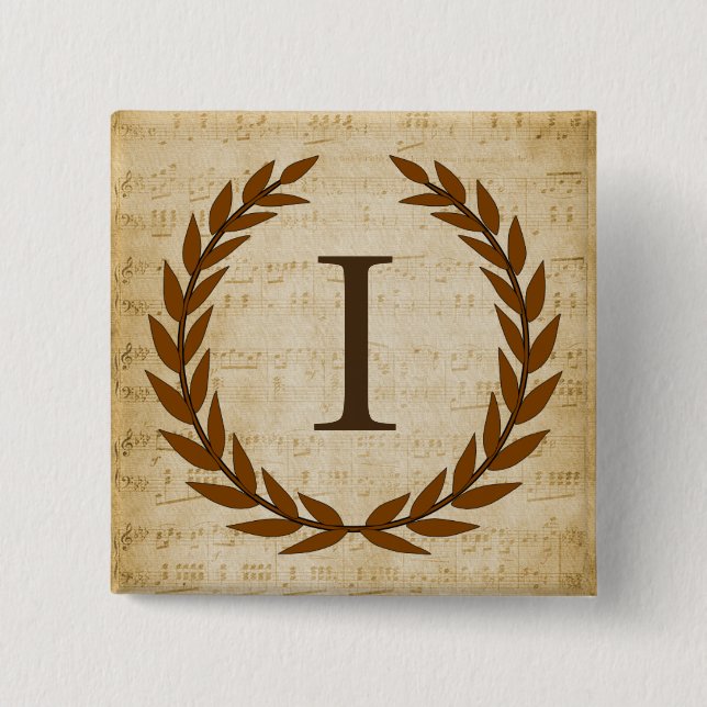 Bóton Quadrado 5.08cm Laurel Wreath Sheet Music Monograma Inicial I (Frente)