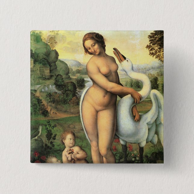 Bóton Quadrado 5.08cm Leda e o Cisne de Leonardo da Vinci (Frente)