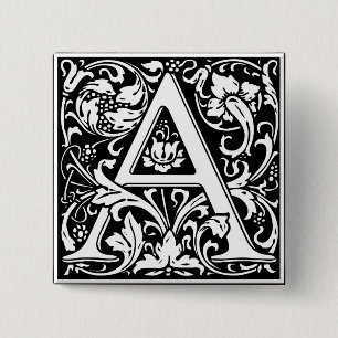 Bóton Quadrado 5.08cm Letra A Monograma Medieval Art Nouveau