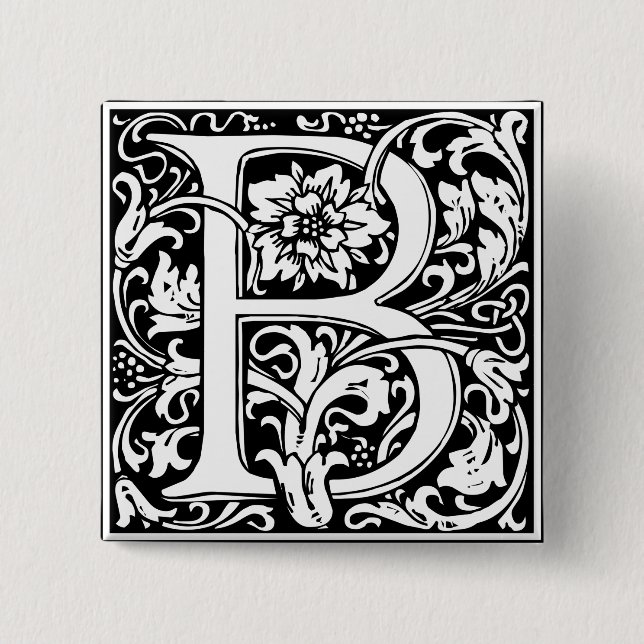Bóton Quadrado 5.08cm Letra B Monograma Medieval Art Nouveau (Frente)