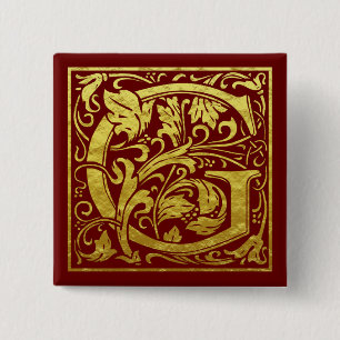 Bóton Quadrado 5.08cm Letra G Primeira Letra Faux Vermelho Dourado