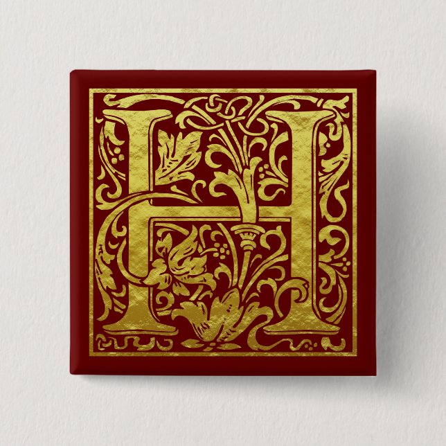 Bóton Quadrado 5.08cm Letra H Primeira Letra Faux Dourada (Frente)