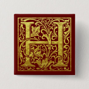 Bóton Quadrado 5.08cm Letra H Primeira Letra Faux Dourada