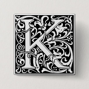 Bóton Quadrado 5.08cm Letra K Monograma Medieval Arte Nova