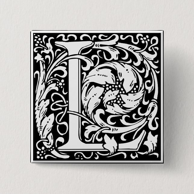 Bóton Quadrado 5.08cm Letra L Monograma Medieval Art Nouveau (Frente)