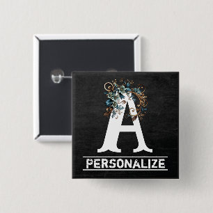 Bóton Quadrado 5.08cm Letra Monográfica Chalkboard com Floral Azul