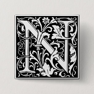 Bóton Quadrado 5.08cm Letra N Monograma Medieval Arte Nova