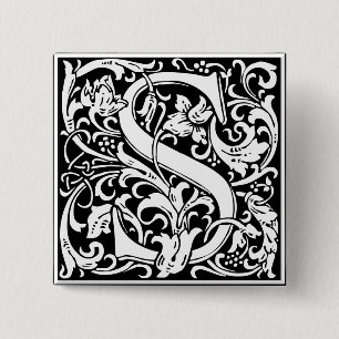 Bóton Quadrado 5.08cm Letra S Monograma Medieval Art Nouveau
