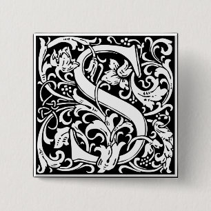 Bóton Quadrado 5.08cm Letra S Monograma Medieval Arte Nova