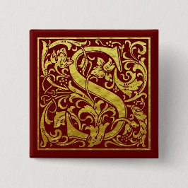 Bóton Quadrado 5.08cm Letra S Primeira Letra Faux Dourado Vermelho