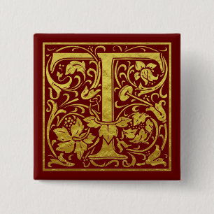 Bóton Quadrado 5.08cm Letra T Primeira Letra Faux Dourado Vermelho