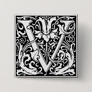 Bóton Quadrado 5.08cm Letra V Monograma Medieval Art Nouveau