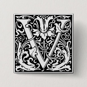 Bóton Quadrado 5.08cm Letra V Monograma Medieval Arte Nova