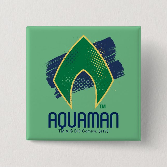 Bóton Quadrado 5.08cm Liga da Justiça| Símbolo de Aquaman Pincel e Meio- (Frente)