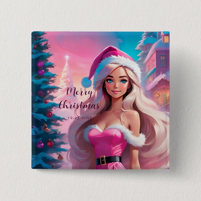 Bóton Quadrado 5.08cm Linda garota de Natal rosa 01 (Frente)
