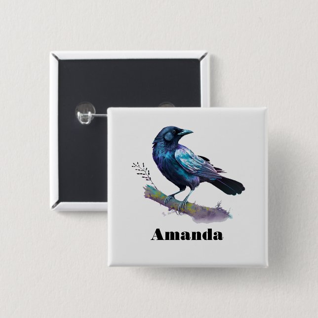 Bóton Quadrado 5.08cm Linda Raven em uma ramificação de árvores (Frente & Verso)