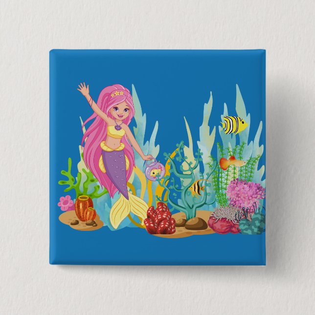Bóton Quadrado 5.08cm Linda sereia PINK HAIR tocando no mar (Frente)