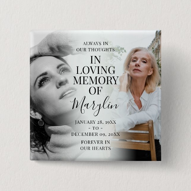 Bóton Quadrado 5.08cm Lindo Memorial de Funeral Antes e Depois da Foto (Frente)