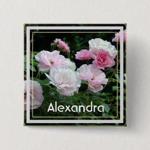 Bóton Quadrado 5.08cm Lindos flores de rosa cor-de-rosa de verão nome pi