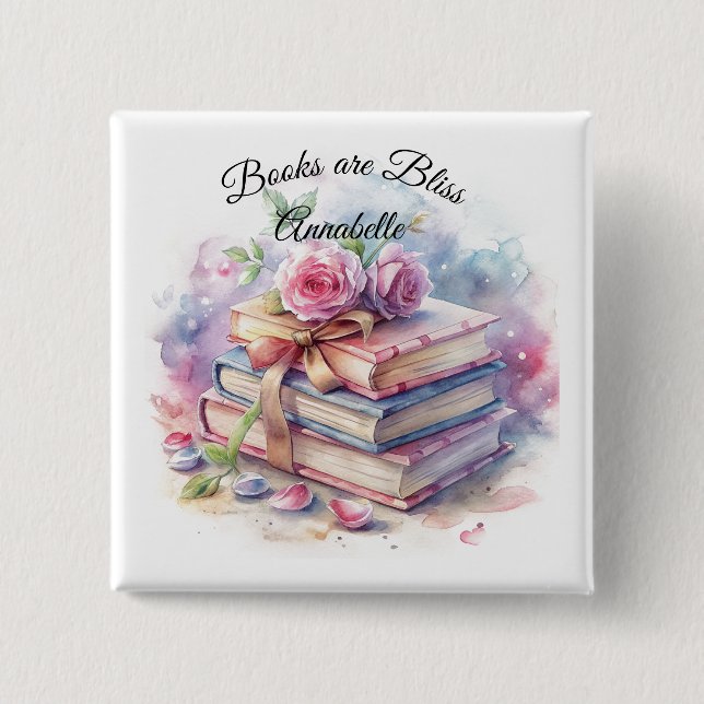 Bóton Quadrado 5.08cm Livros são Bliss Chic Button (Frente)