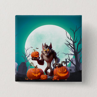 Bóton Quadrado 5.08cm Lobisomem e abóboras de Halloween