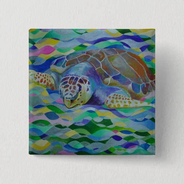 Bóton Quadrado 5.08cm Loggerhead Turtle Colorida Art (Frente)