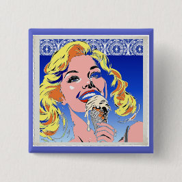 Bóton Quadrado 5.08cm Loira Comendo Sorvete Colorido Estilo Pop Art dos 
