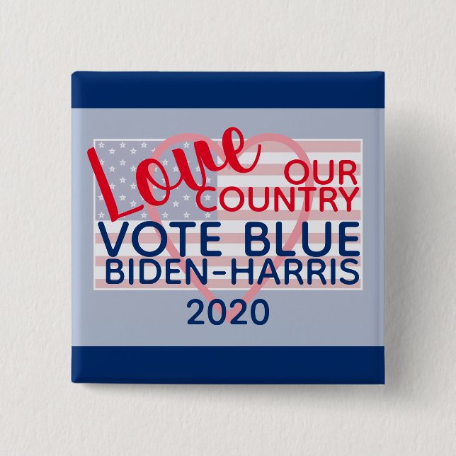 Bóton Quadrado 5.08cm Love Our Country Vote Blue Biden-Harris 2020 (Frente)