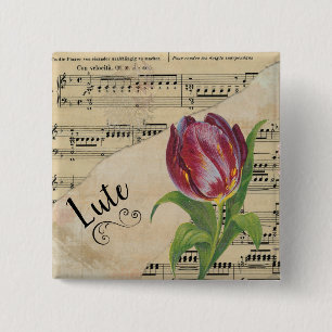 Bóton Quadrado 5.08cm Lute Elegante Tulip Vintage Sheet Music