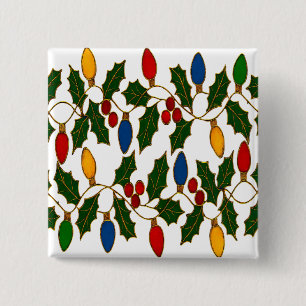 Bóton Quadrado 5.08cm Luzes de Natal e Azevinho em Cloisonné Artístico