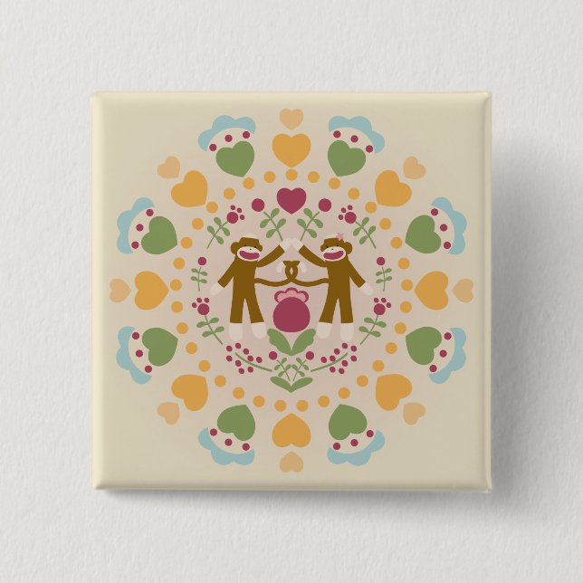 Bóton Quadrado 5.08cm Macaco-meias amantes em um jardim popular (Frente)