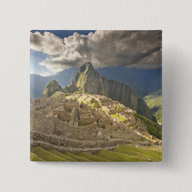 Bóton Quadrado 5.08cm Machu Picchu, ruínas antigas, mundo da UNESCO 2 (Frente)